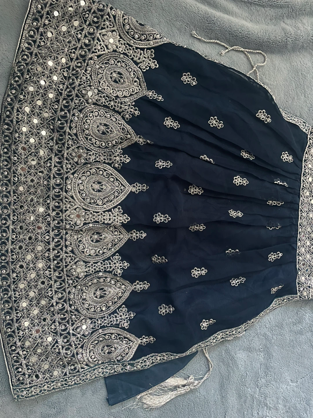 Girls' Embroidered Navy Blue Dress with Pants and Dupatta - photo 4