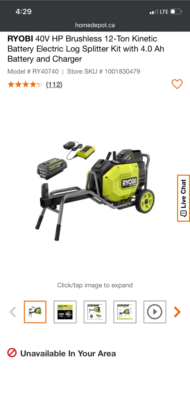 RYOBI 40V HP Brushless 12-Ton Kinetic Log Splitter RENTAL