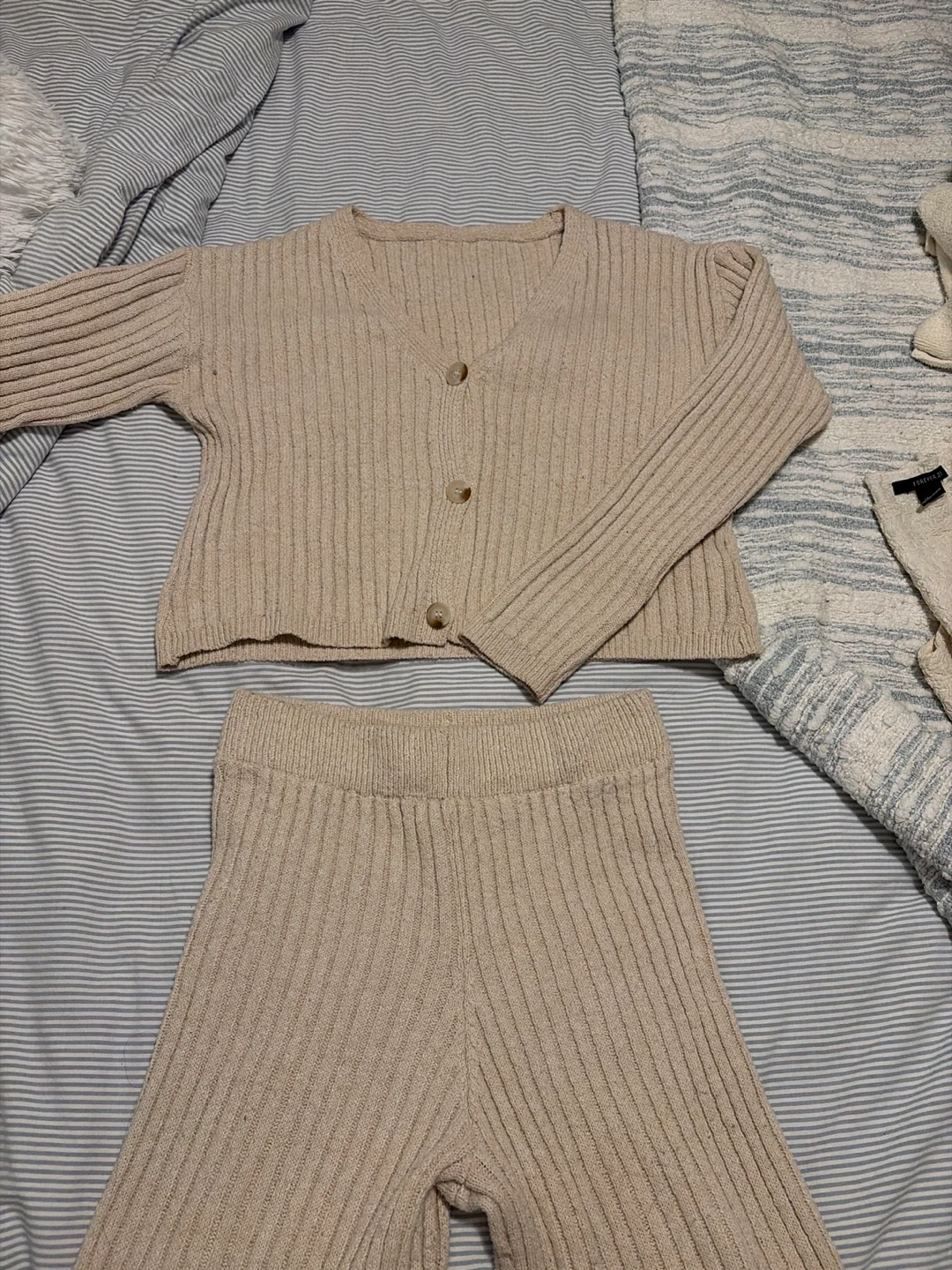 Beige Knit Cardigan and Pants Set