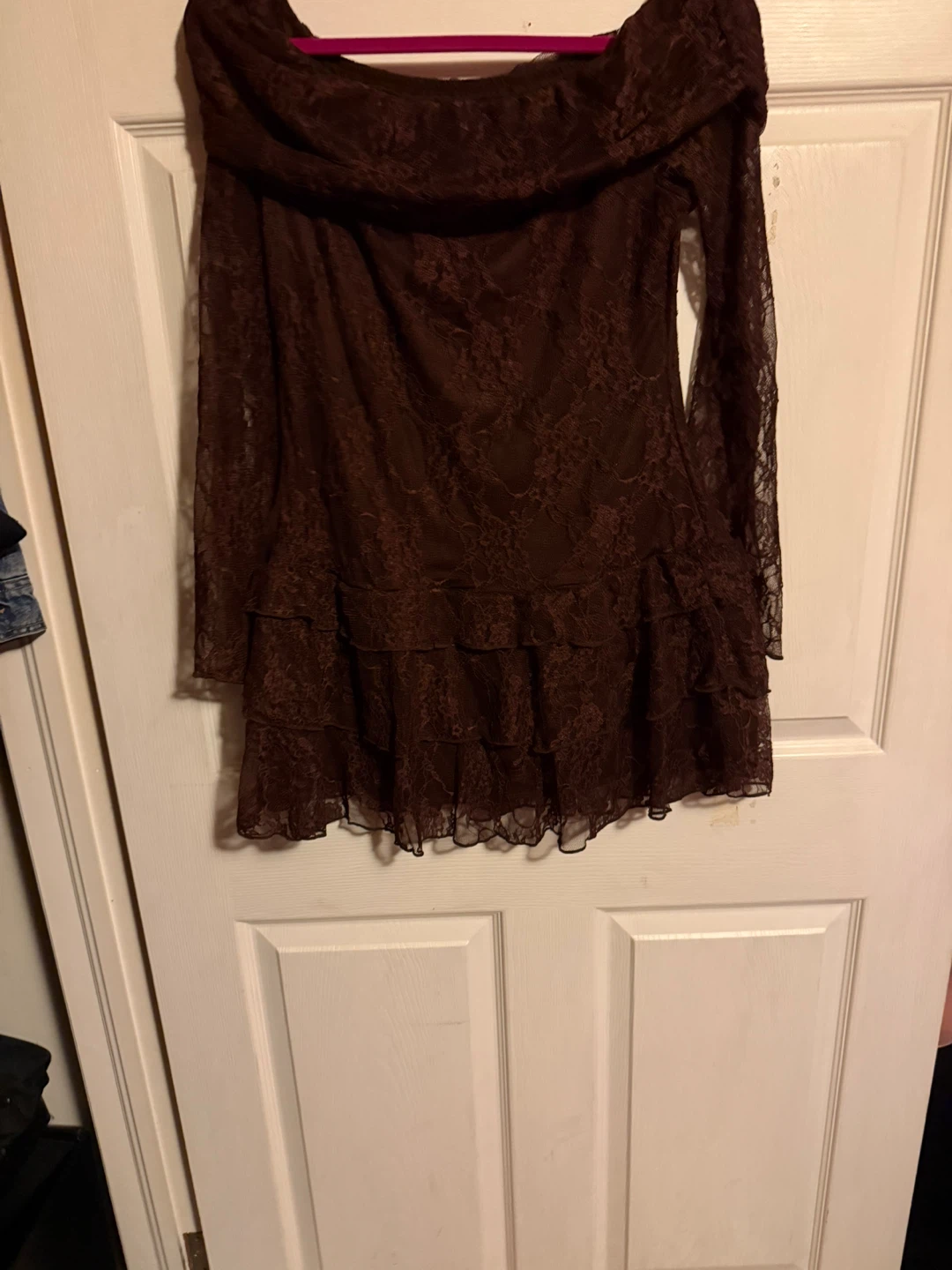 Brown Lace Off-Shoulder Ruffled Mini Dress