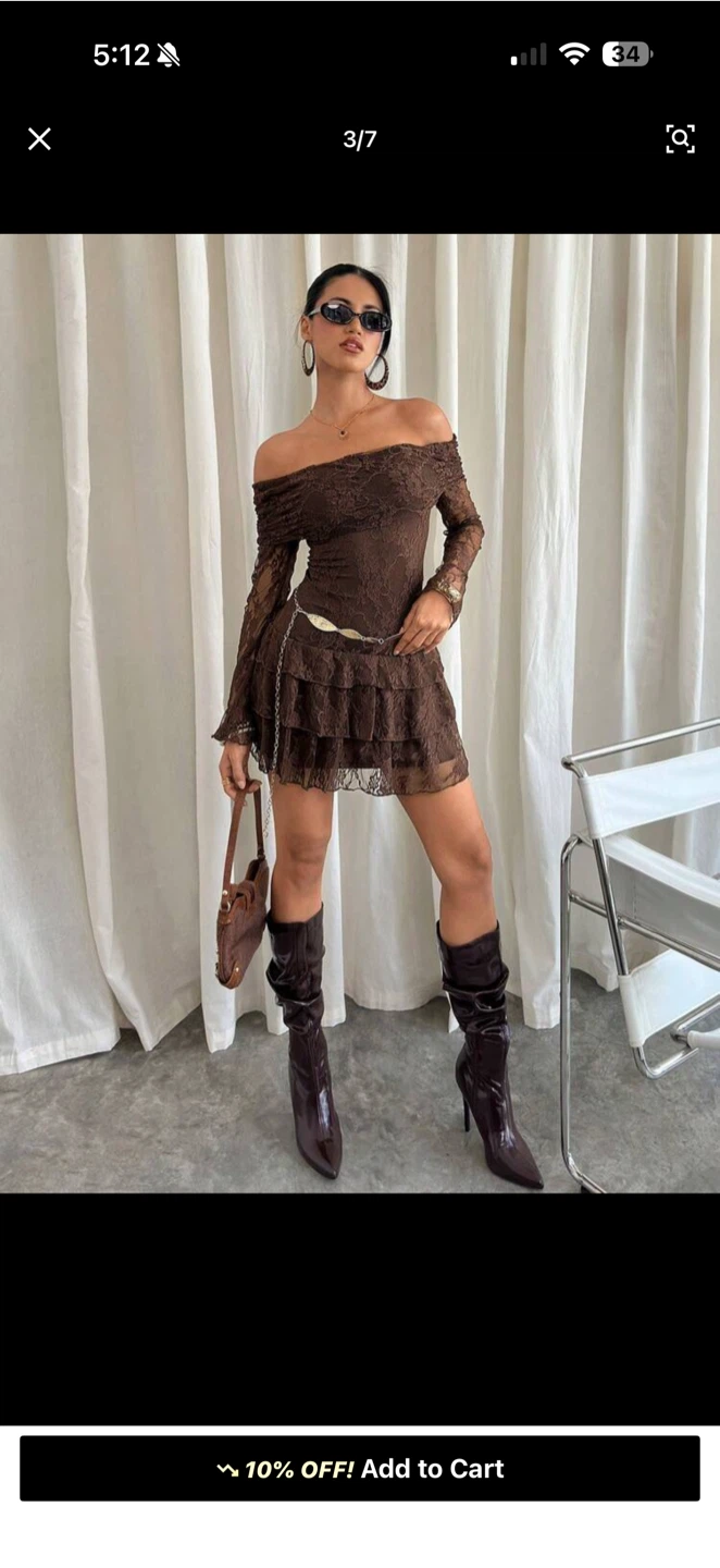 Brown Lace Off-Shoulder Ruffled Mini Dress - photo 2