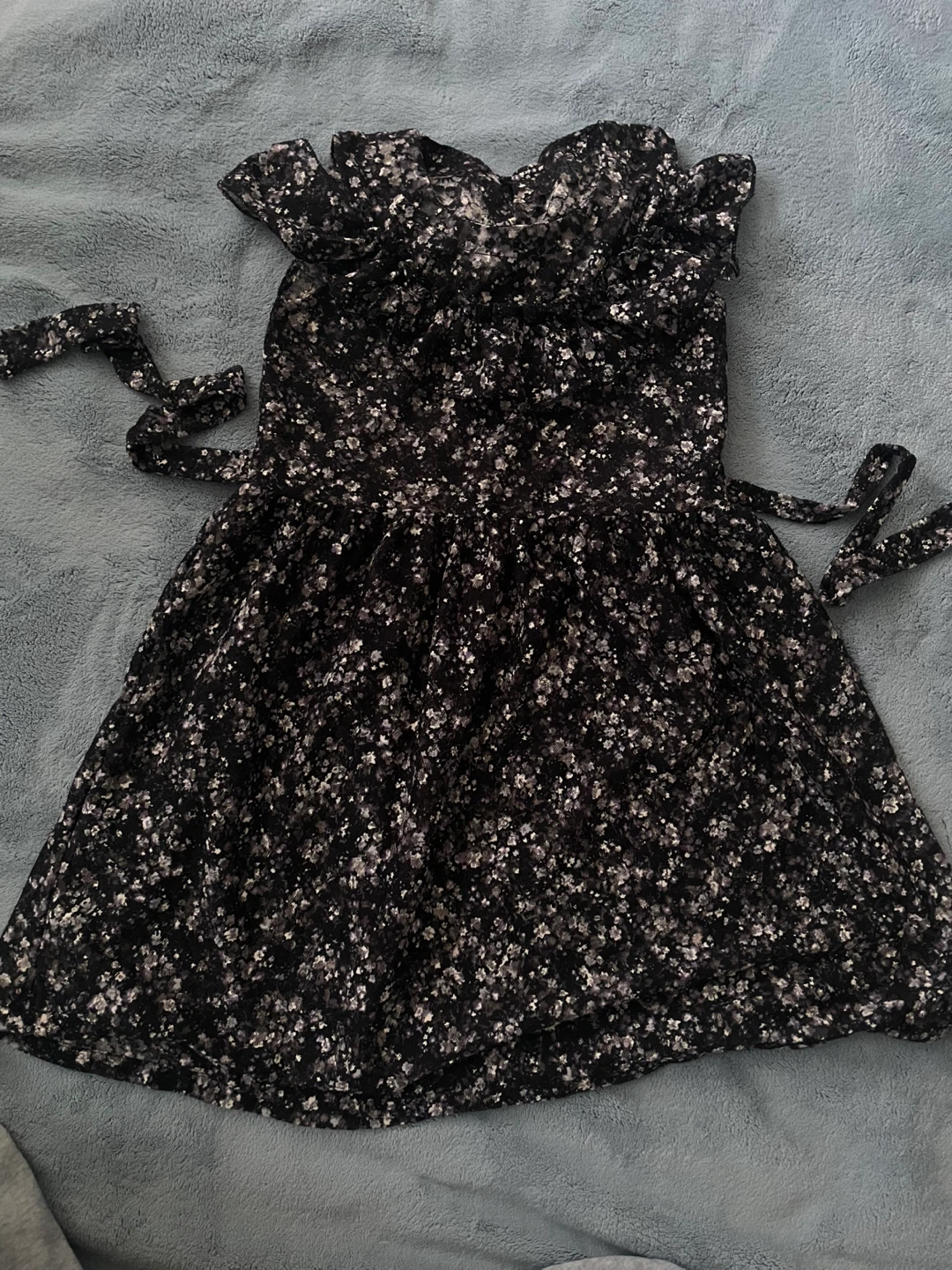 Black Floral Kids Dress with Ruffle Details