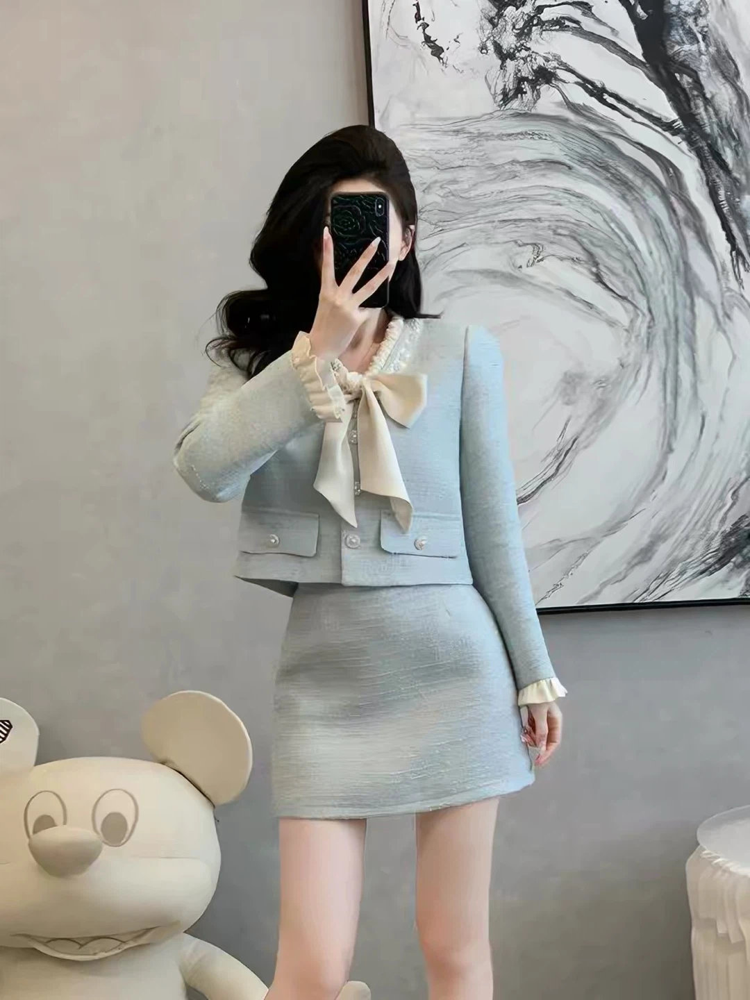 ElegantLight Blue Tweed Skirt Suit Set with Bow