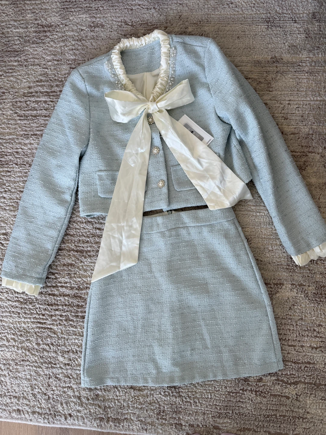ElegantLight Blue Tweed Skirt Suit Set with Bow - photo 2