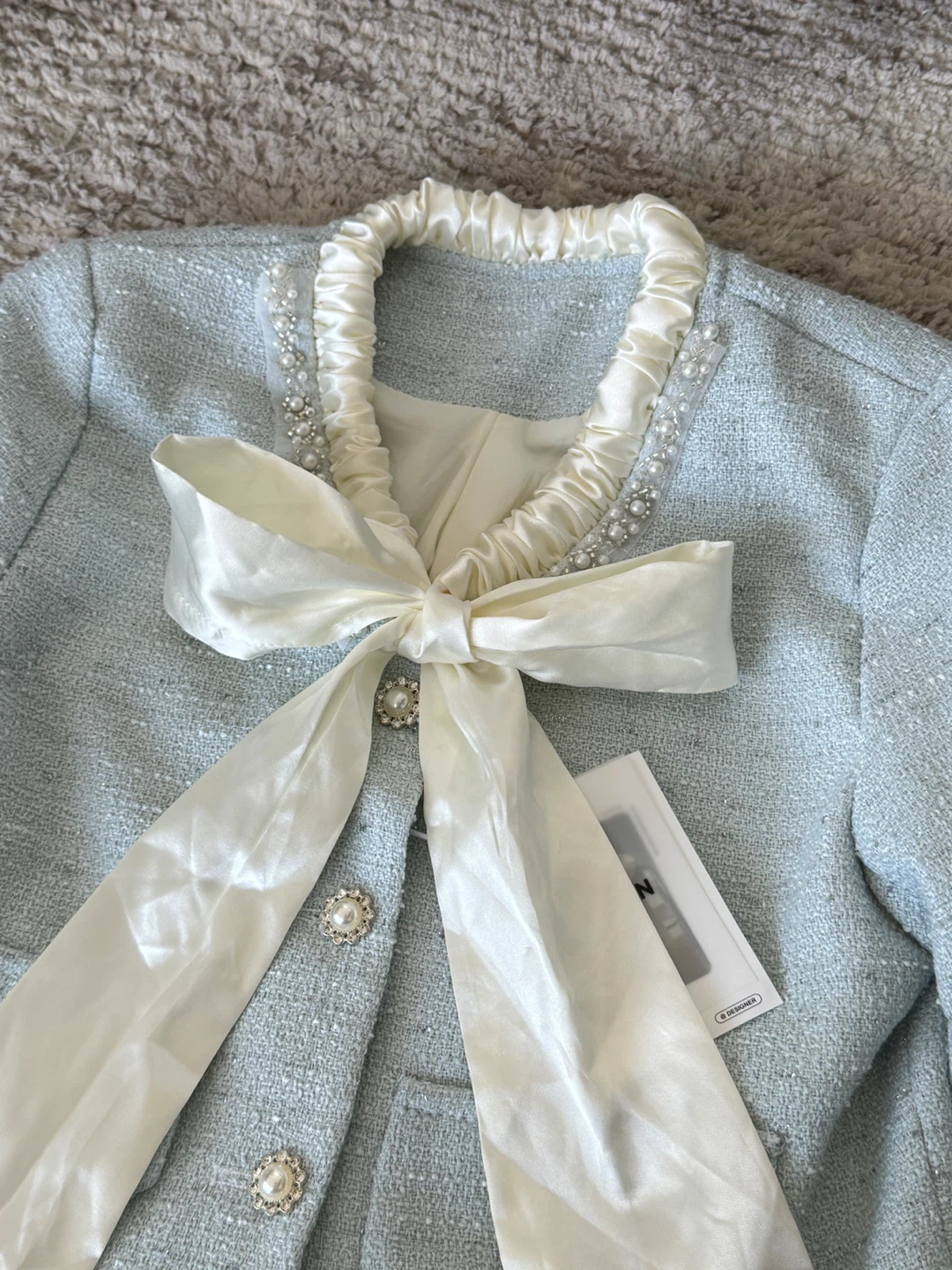 ElegantLight Blue Tweed Skirt Suit Set with Bow - photo 3