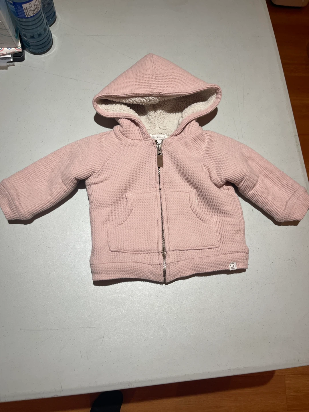 Little Planet by Carter's Pink Waffle Knit Sherpa Lined Hoodie