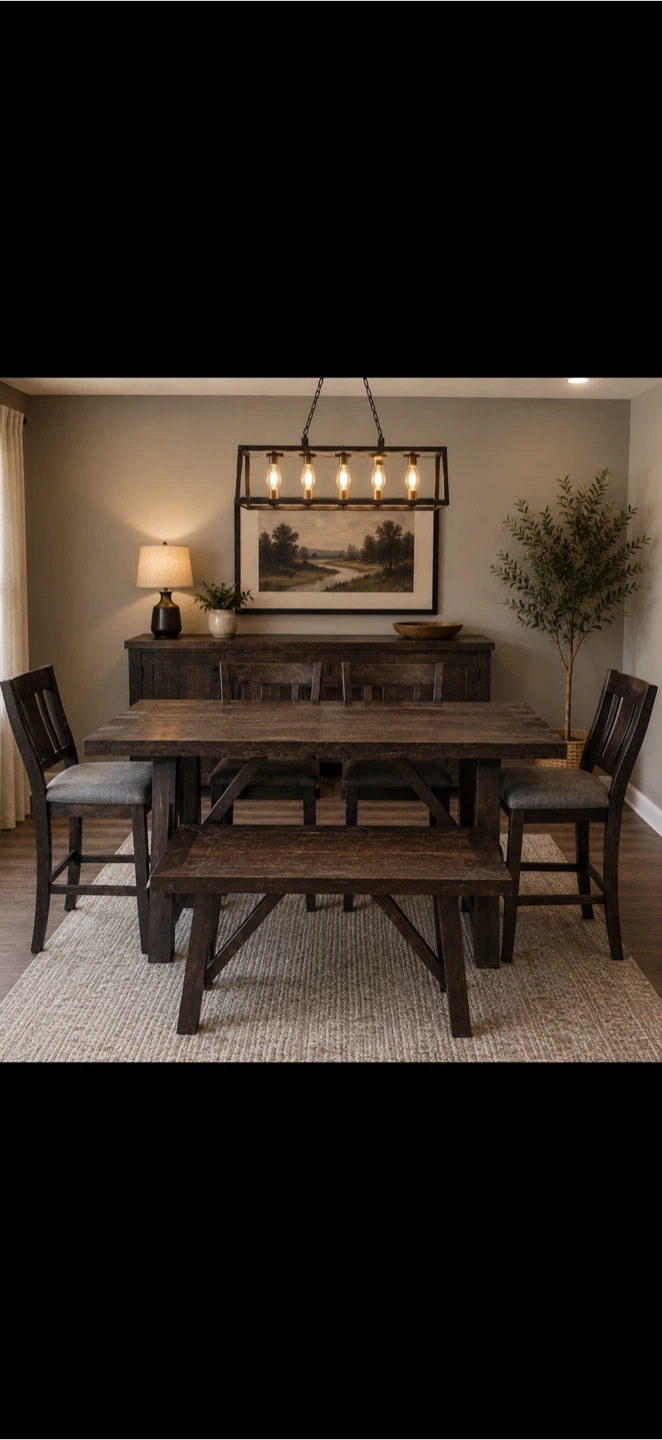 Dark Wood Dining Table with Grey Upholstered Bench