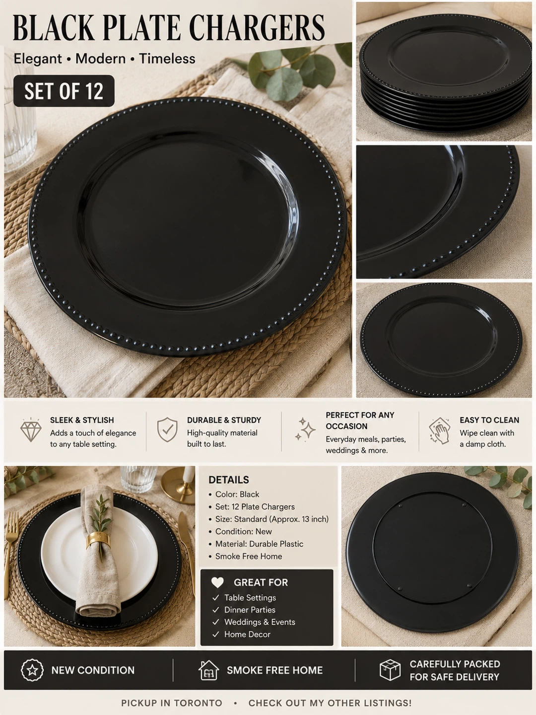 Set of 12 Black Beaded Plate Chargers – New