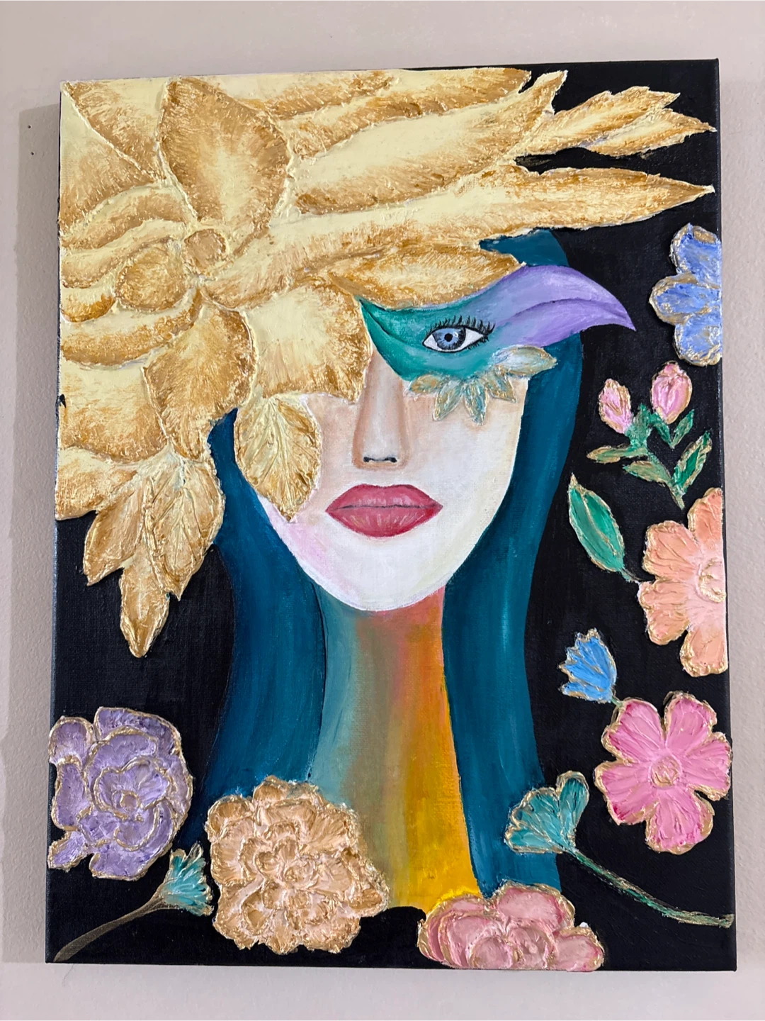 Textured Mixed Media Art Canvas - Woman with Flowers