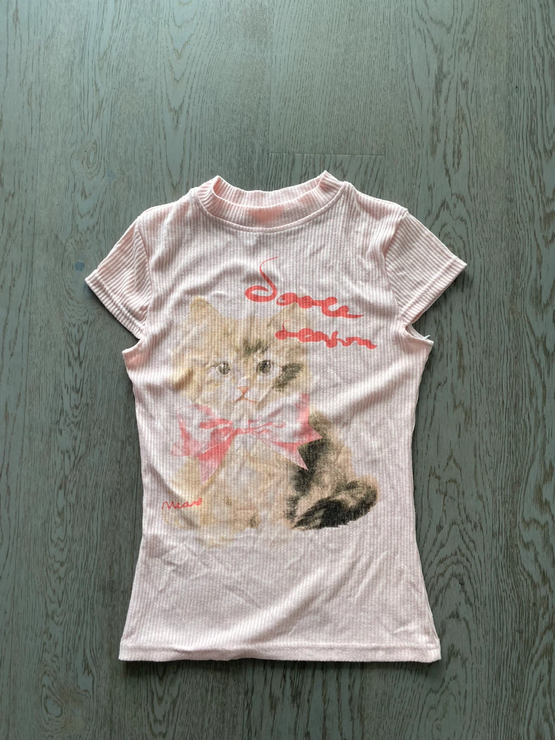 Pink Ribbed T-Shirt with Cat Graphic, size small - photo 4