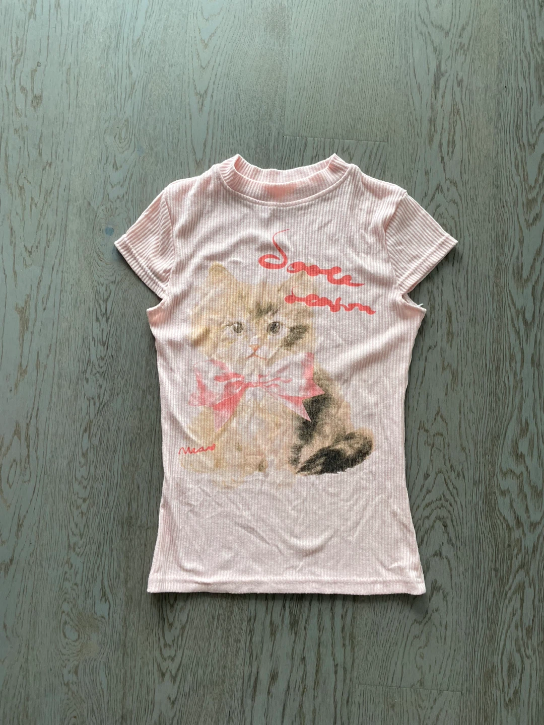 Pink Ribbed T-Shirt with Cat Graphic, size small
