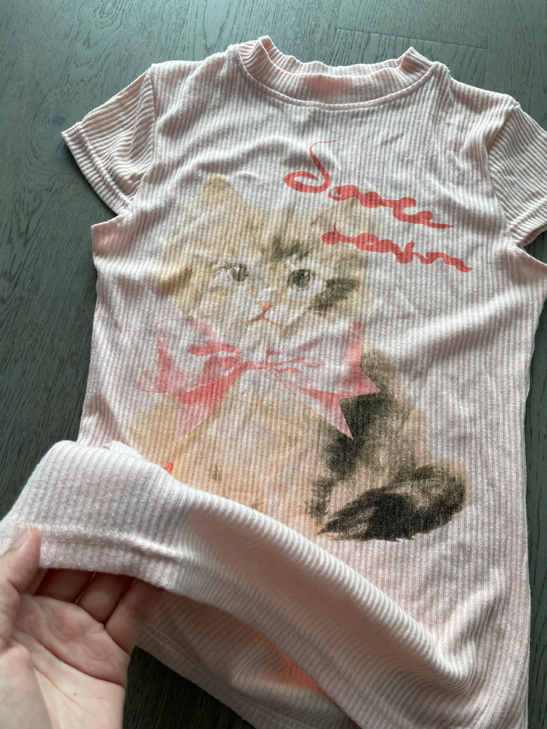 Pink Ribbed T-Shirt with Cat Graphic, size small - photo 2