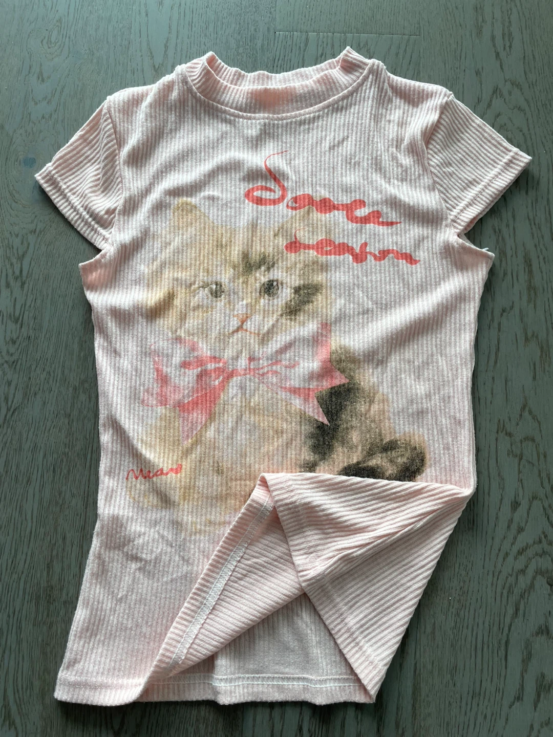 Pink Ribbed T-Shirt with Cat Graphic, size small - photo 3