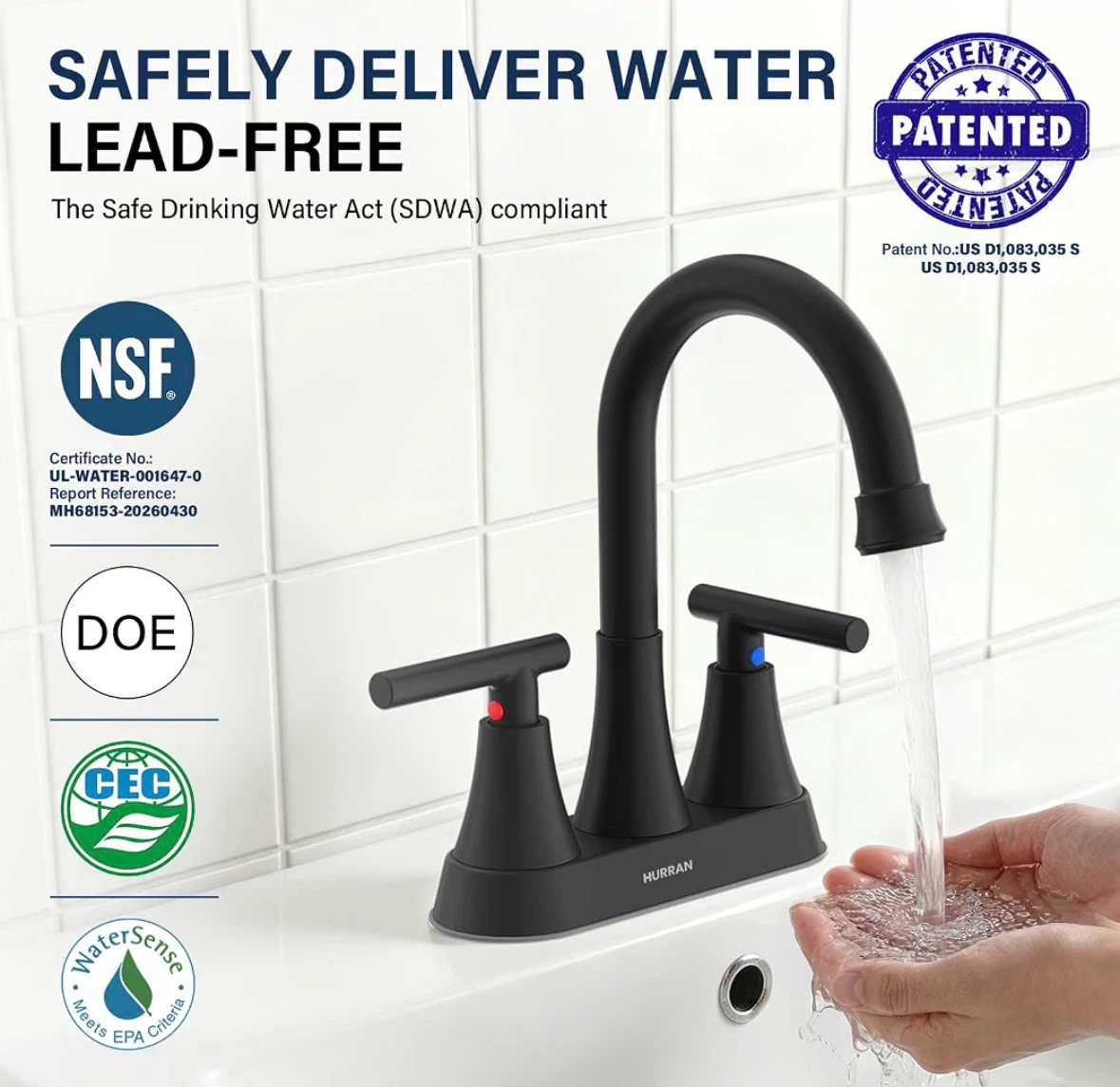Hurran Black Widespread Bathroom Faucet with Drain Assembly
