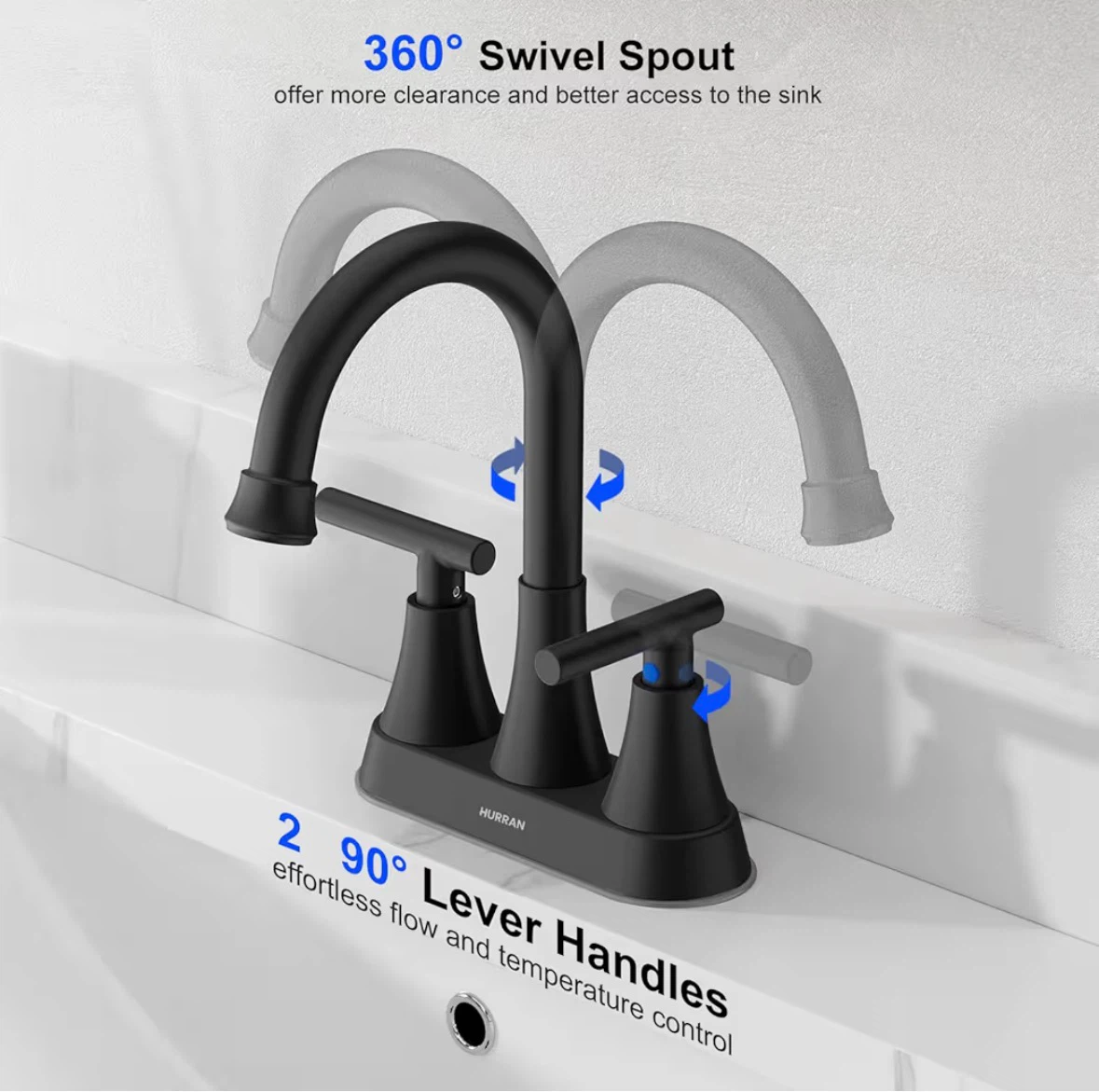 Hurran Black Widespread Bathroom Faucet with Drain Assembly - photo 3