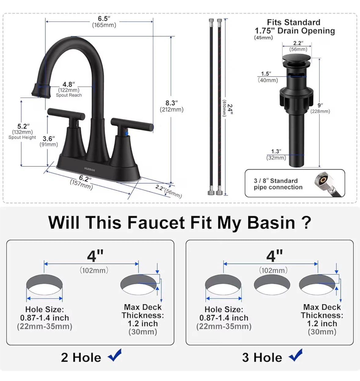 Hurran Black Widespread Bathroom Faucet with Drain Assembly - photo 4