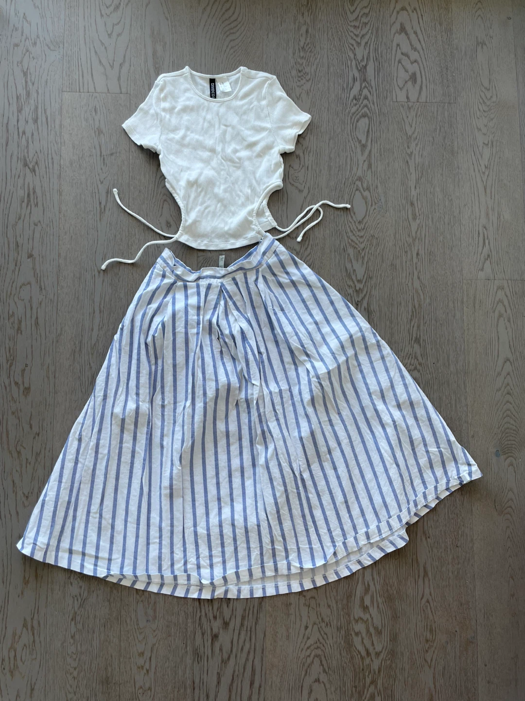 Divided H&M White Ribbed Cut-out Top & Striped Skirt Set