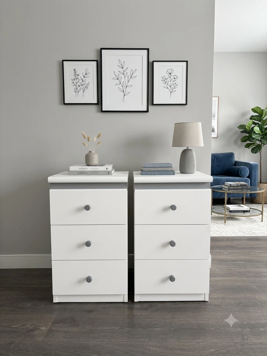 Pair of White 3-Drawer Nightstands