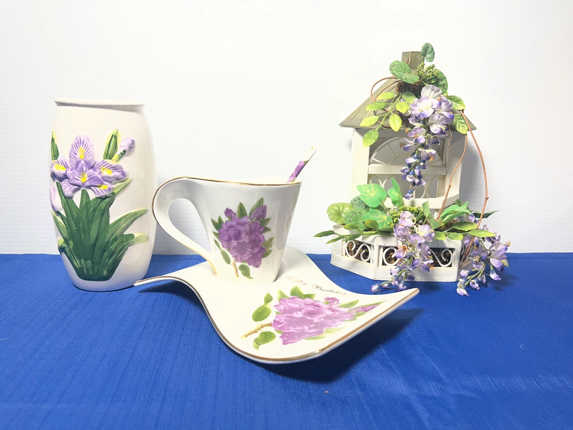 Coordinated Purple Floral Tea Set & Cottagecore Decor Bundle
