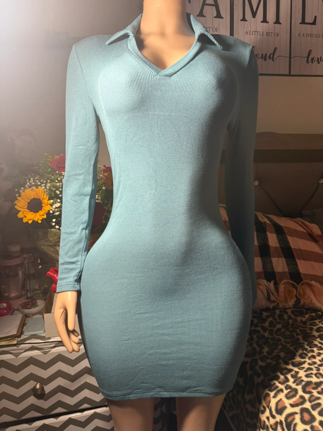 Teal Ribbed V-Neck Long Sleeve Dress