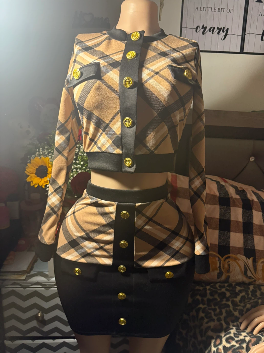 Plaid Print Two-Piece Skirt Set with Gold Buttons