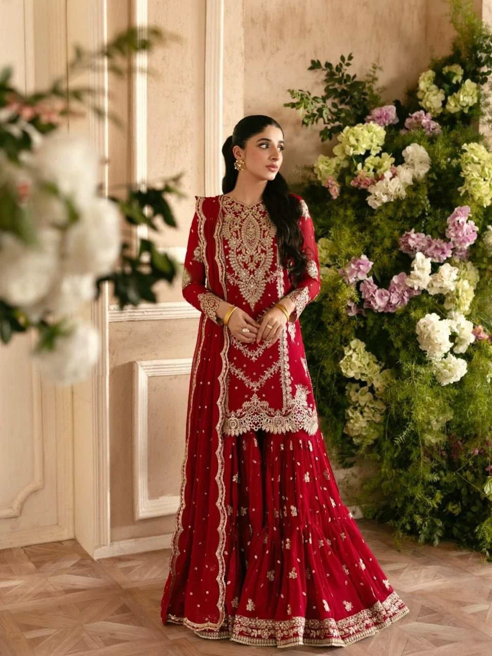 Red Embroidered Gharara Suit