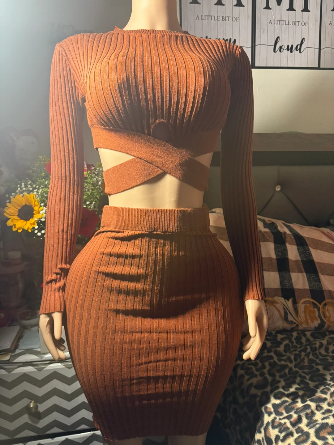 Ribbed Knit Two-Piece Set - Orange