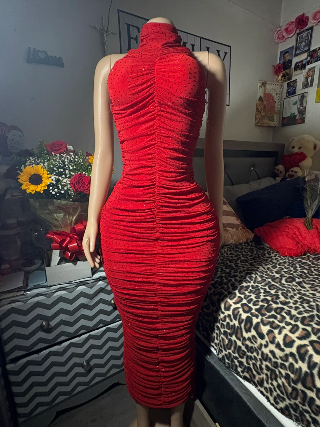Red Ruched Rhinestone Turtle Neck Dress