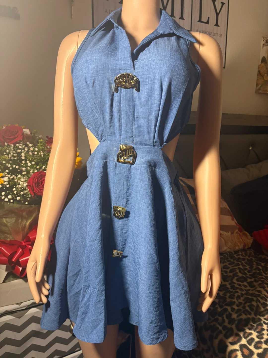Blue Denim Halter Dress with Cutouts