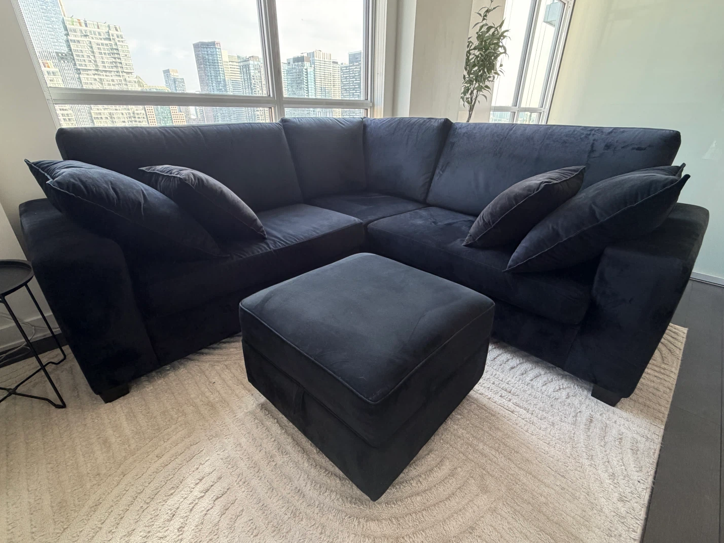 Black Velvet Sectional Sofa with Ottoman