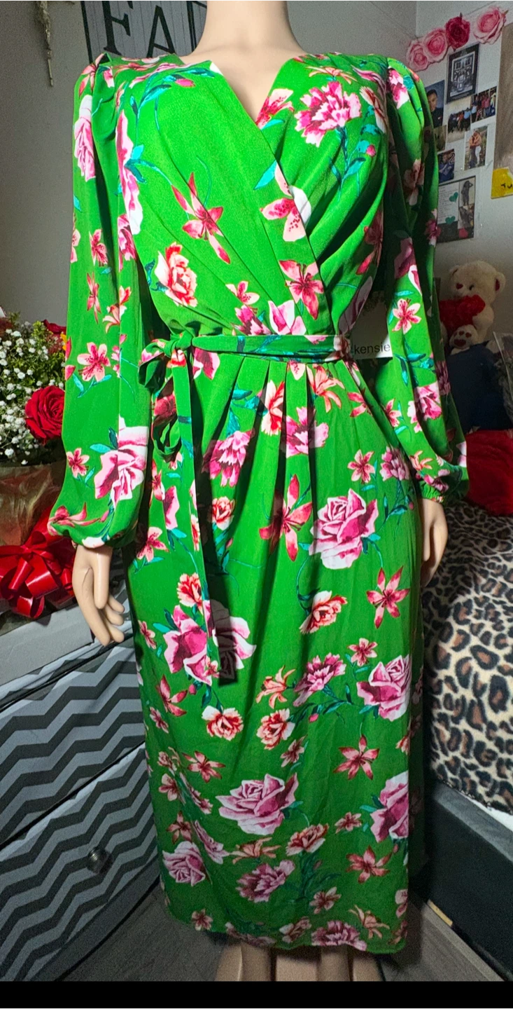 Green Floral Wrap Dress