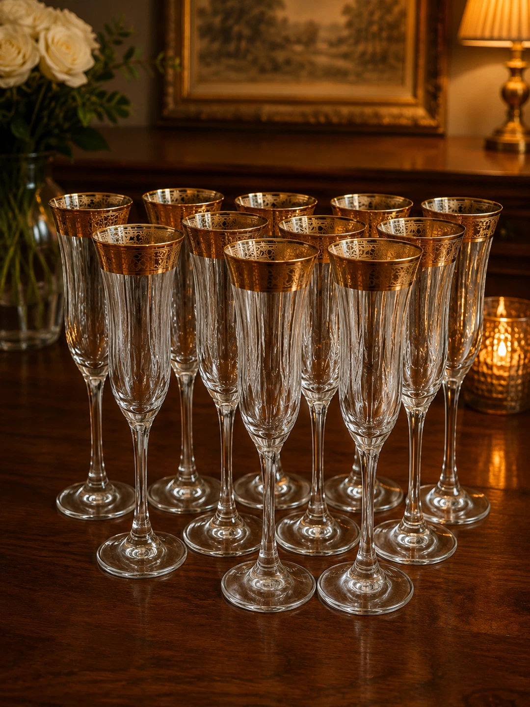 Set of 10 Crystal Flute Glasses with Gold Rim
