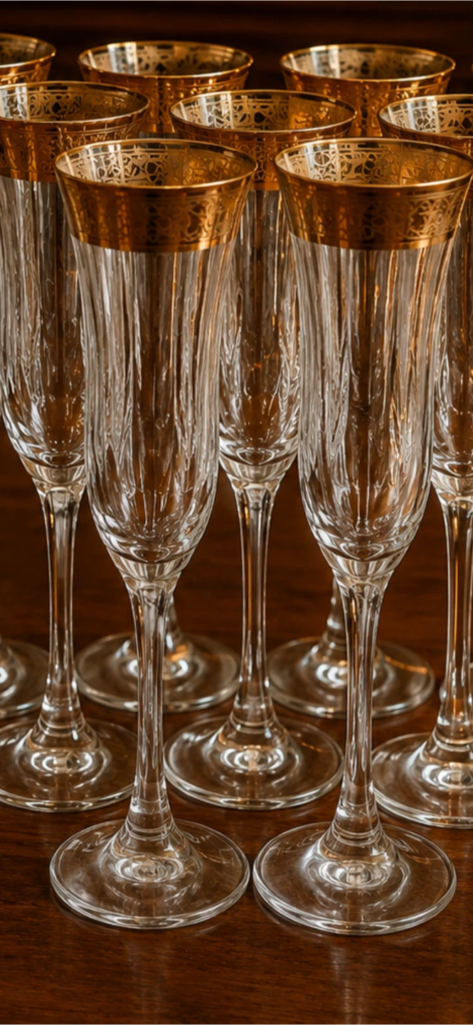 Set of 10 Crystal Flute Glasses with Gold Rim - photo 2