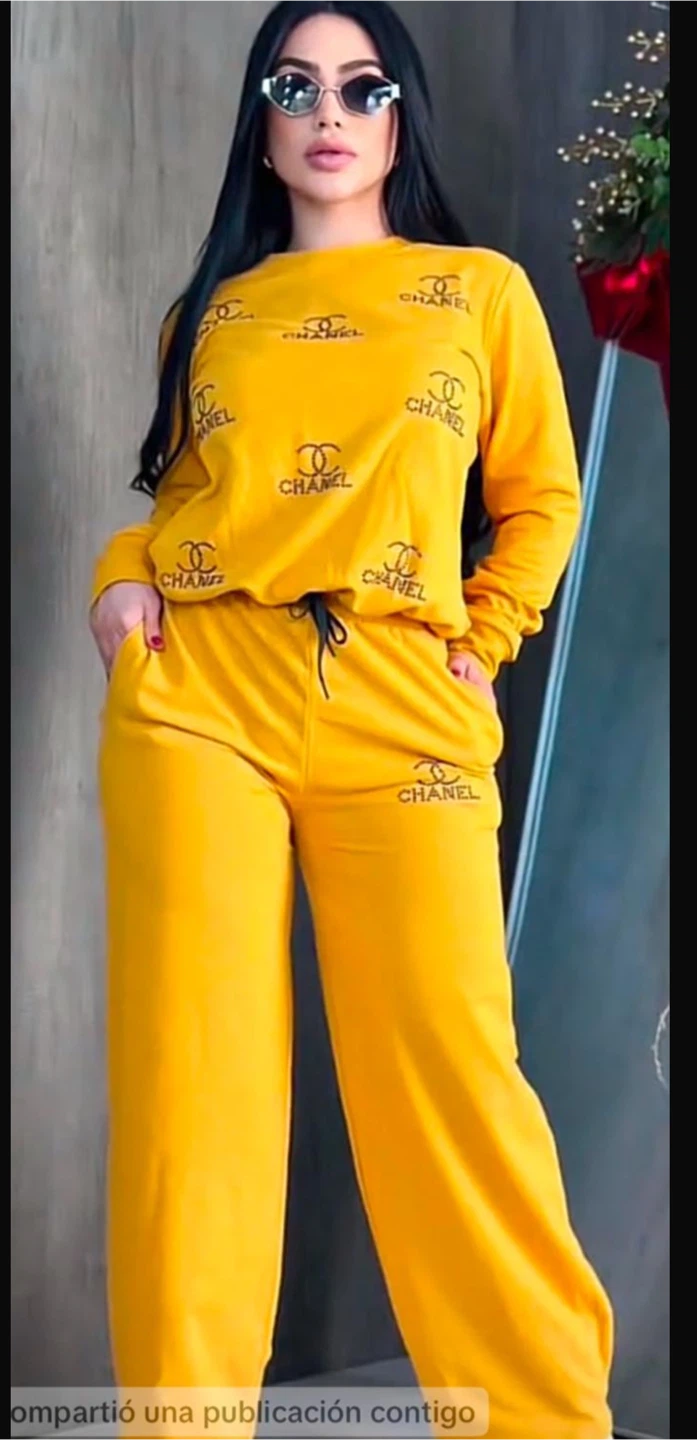 Yellow Chanel Logo Sweatshirt & Pants Set