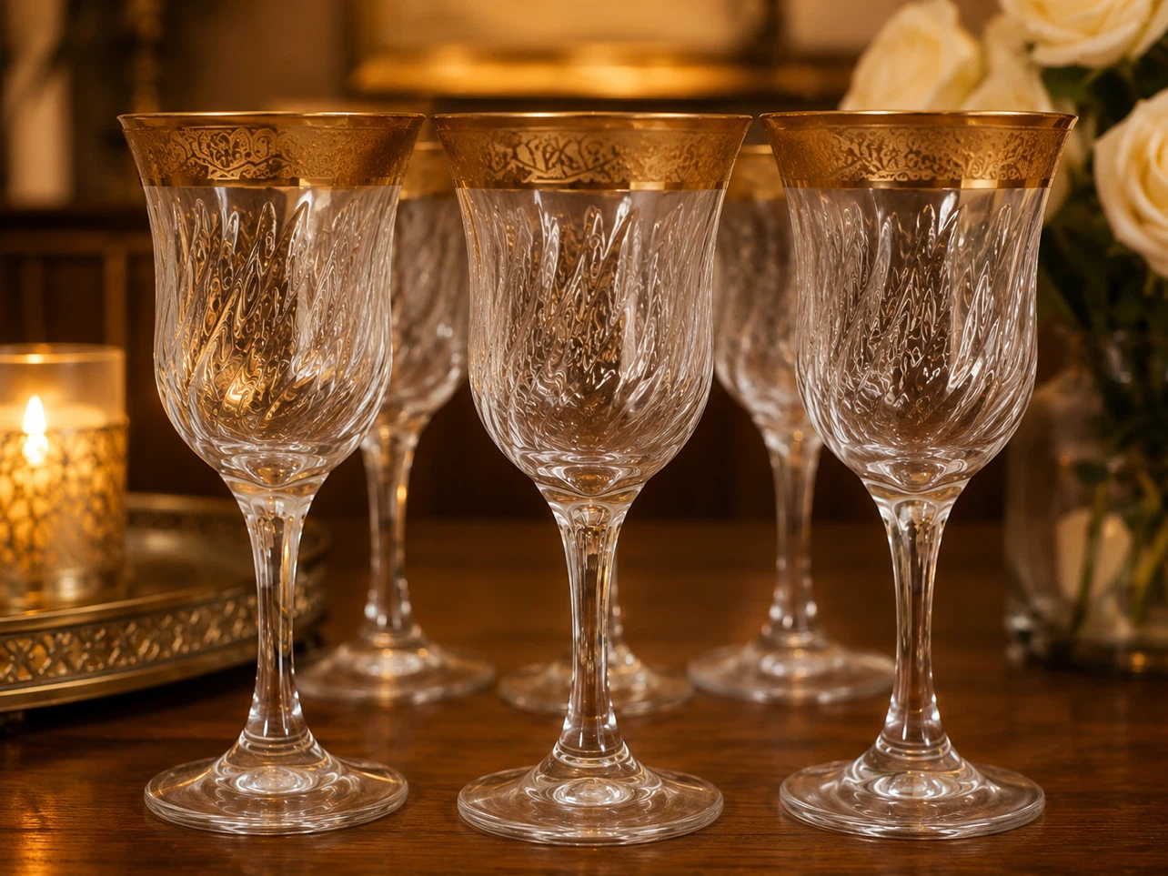 Set of 10 Crystal Wine Glasses with Gold Rim