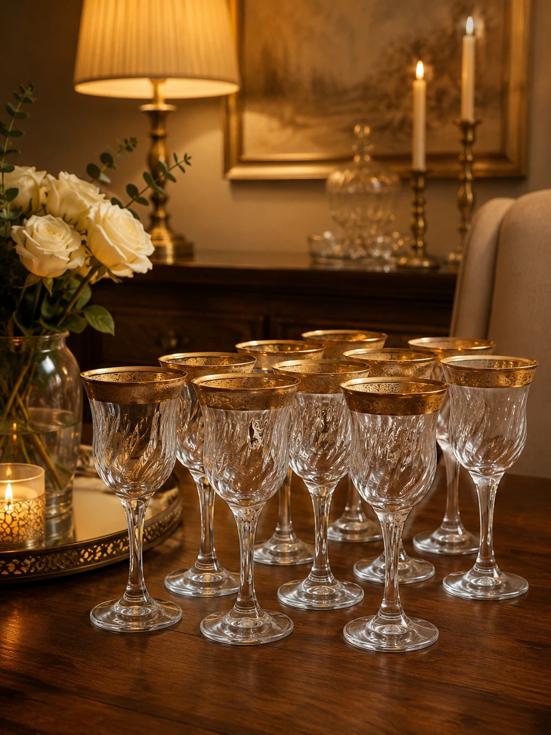 Set of 10 Crystal Wine Glasses with Gold Rim - photo 2