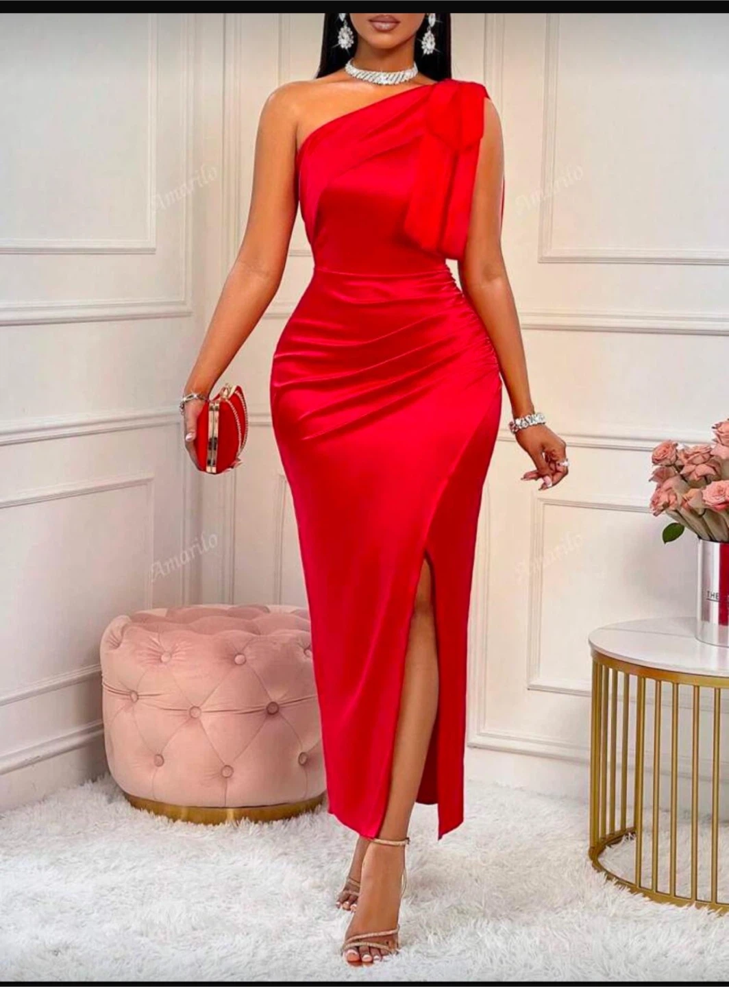 Red One-Shoulder Ruched Satin Dress