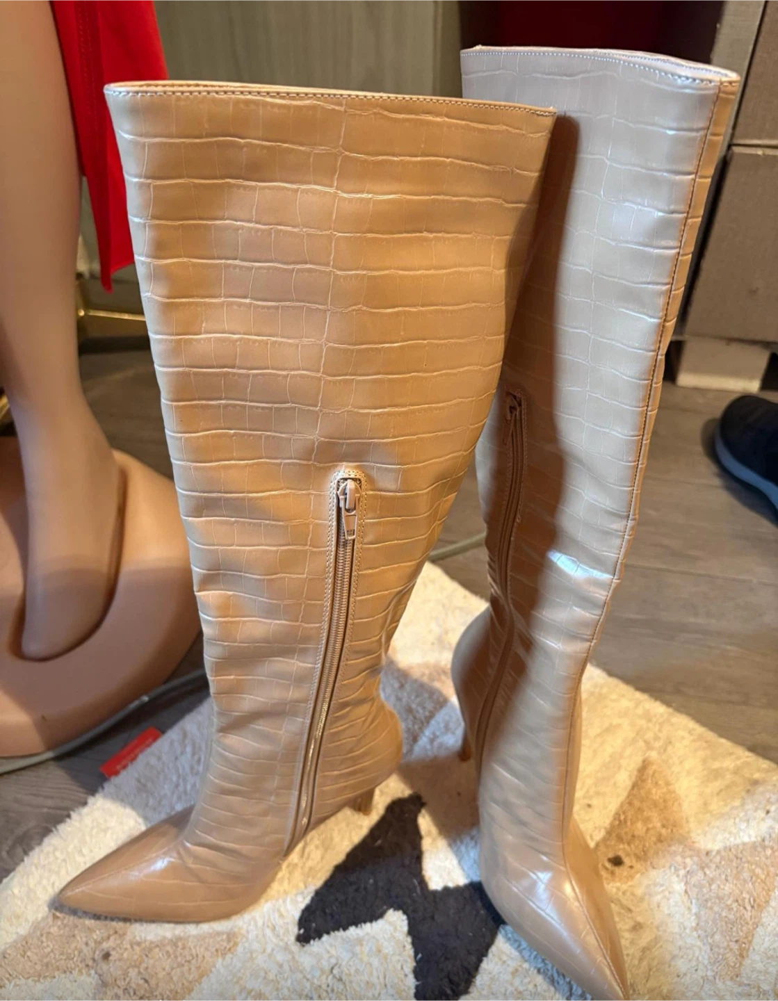 Women's Beige Croc Embossed Knee-High Boots