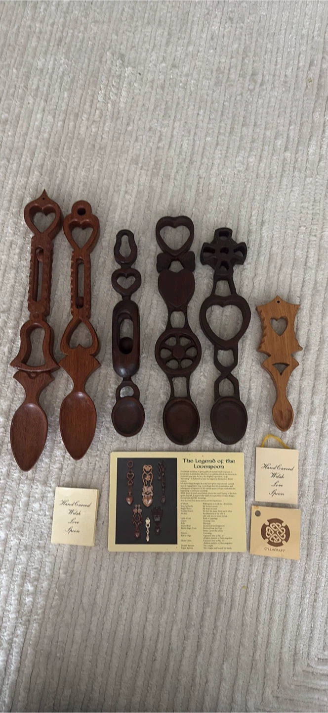 Set of 6 Hand Carved Wooden Love Spoons