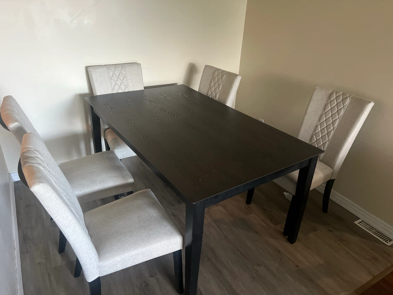 Dark Wood Dining Table with 6 Upholstered Chairs