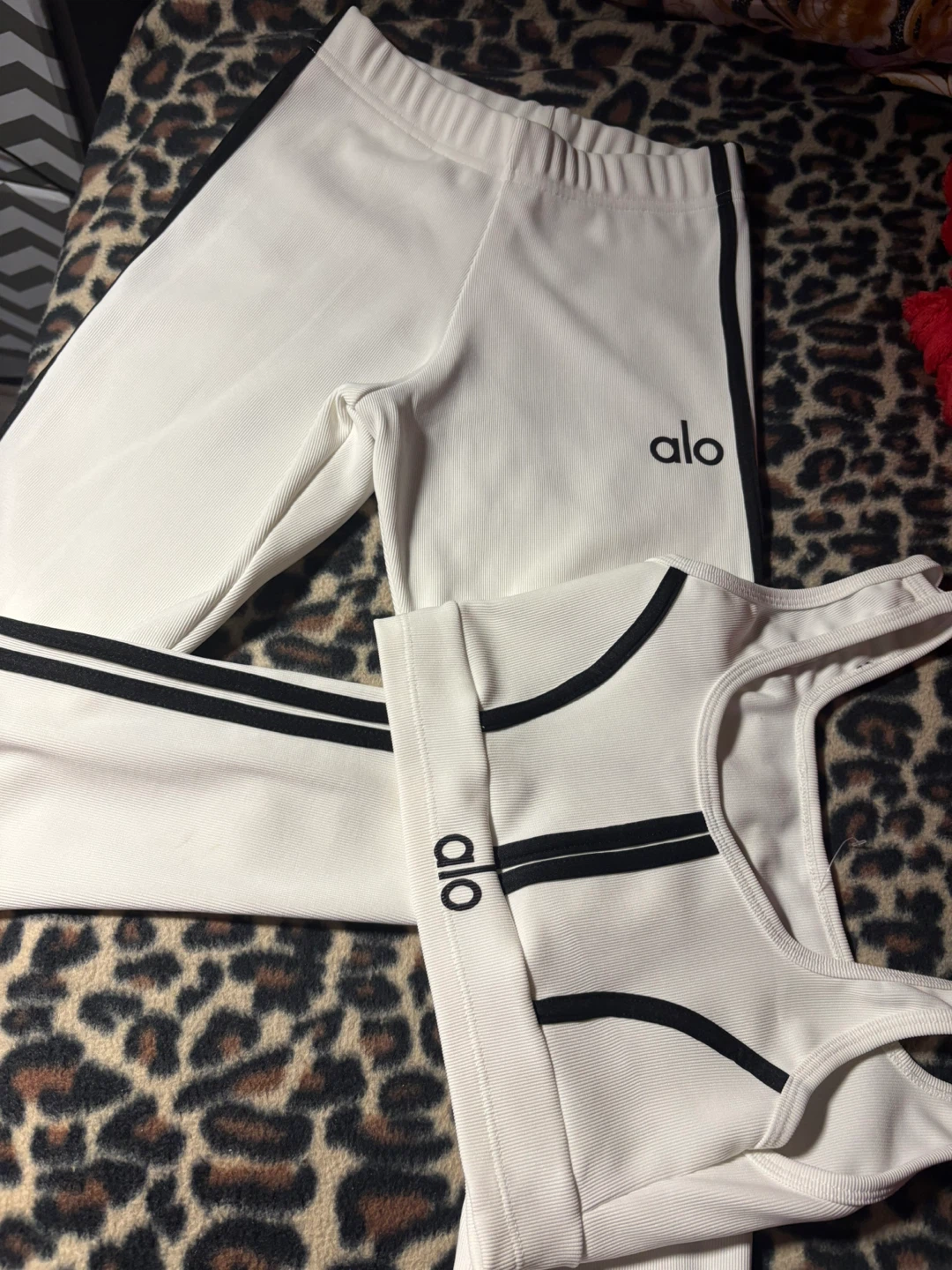 Alo Yoga White & Black Striped Bra and Leggings Set