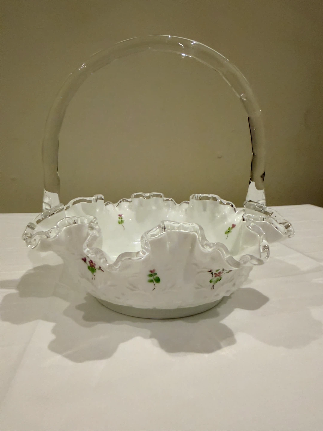 Vintage Fenton Hand Painted Violets in the Snow Spanish Lace