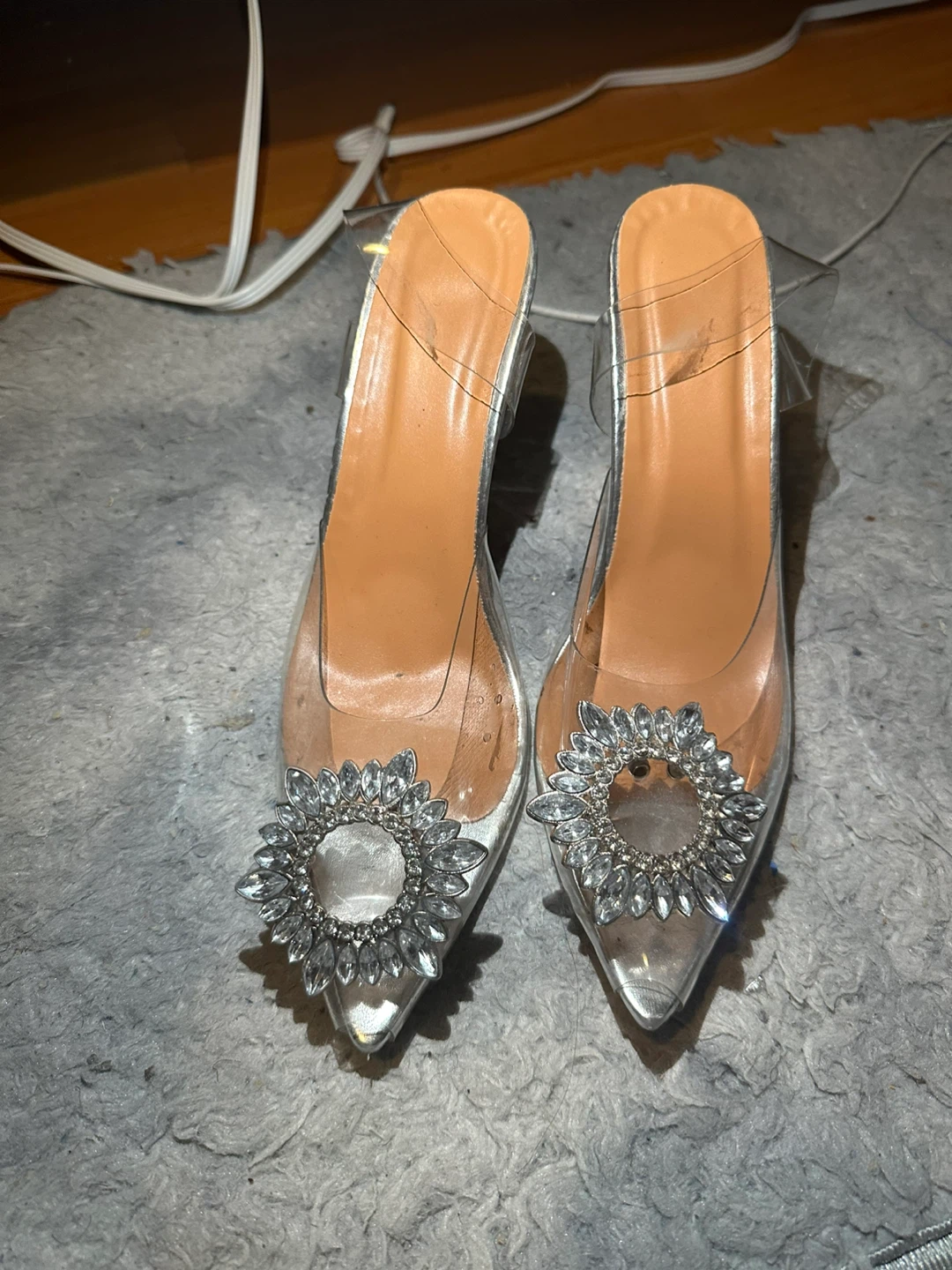 Women's Clear Heeled Mules with Gem Embellishment, size 40