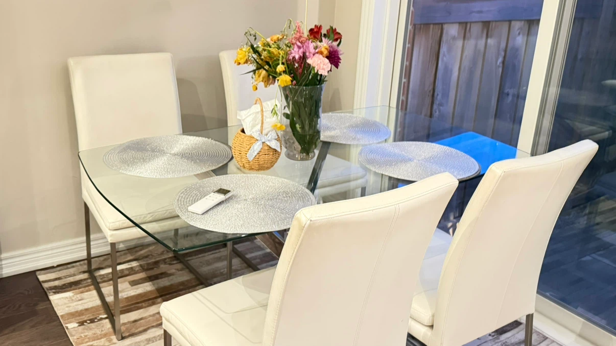 Glass Dining Table with 4 White Chairs