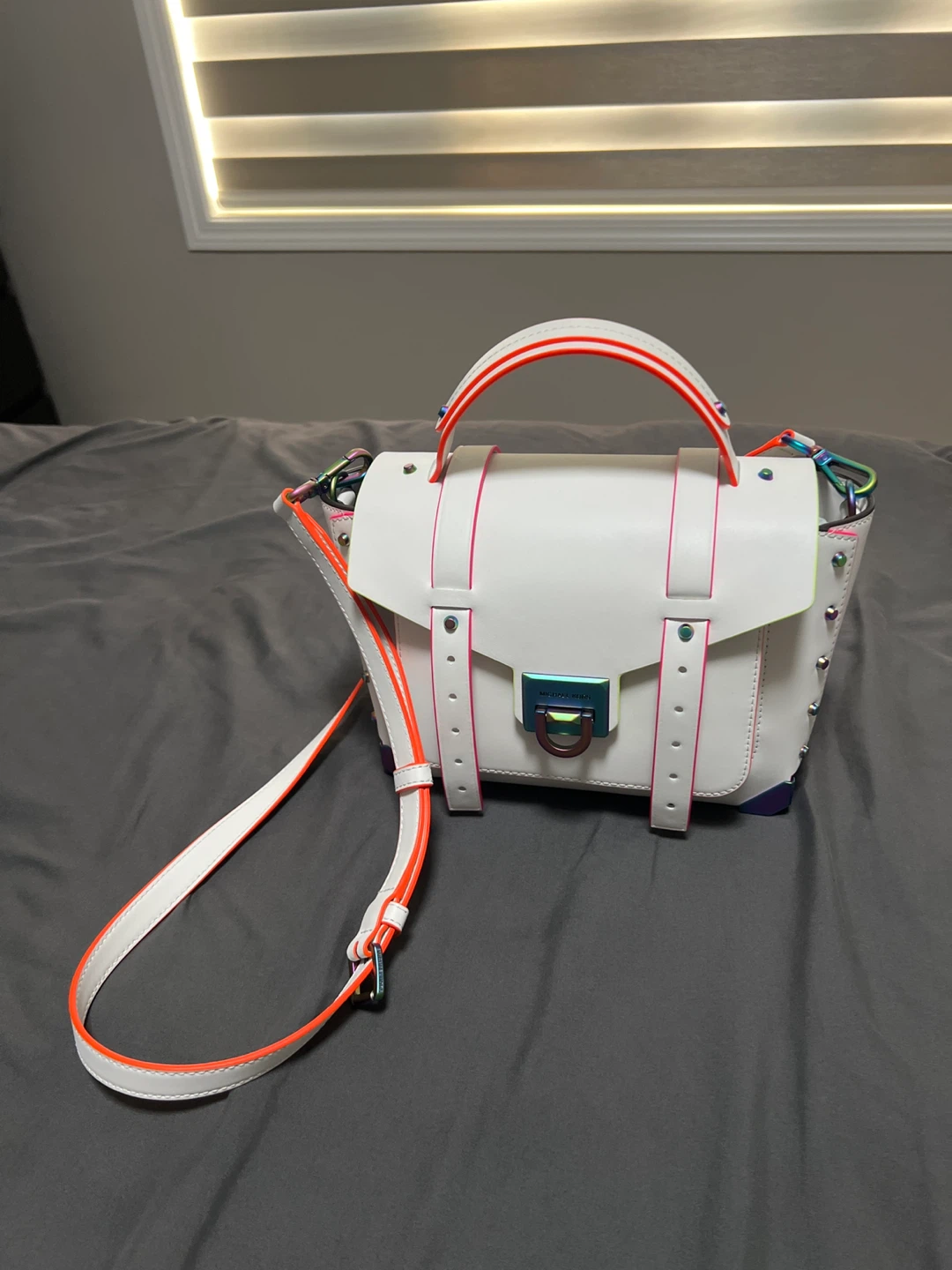 White Leather Crossbody Bag with Neon Trim