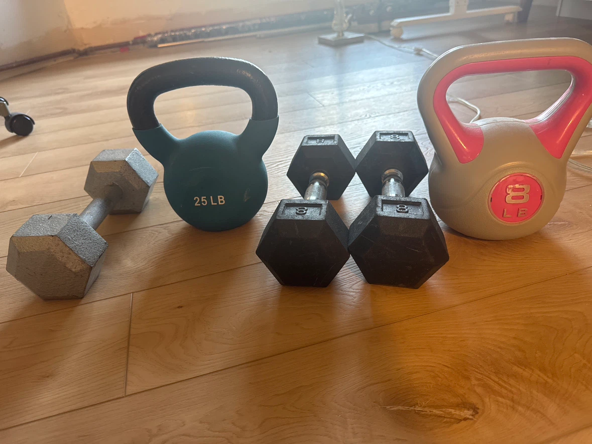 Fitness Weights: 25LB, 8LB Kettlebell, and 3 Pairs of Dumbbells