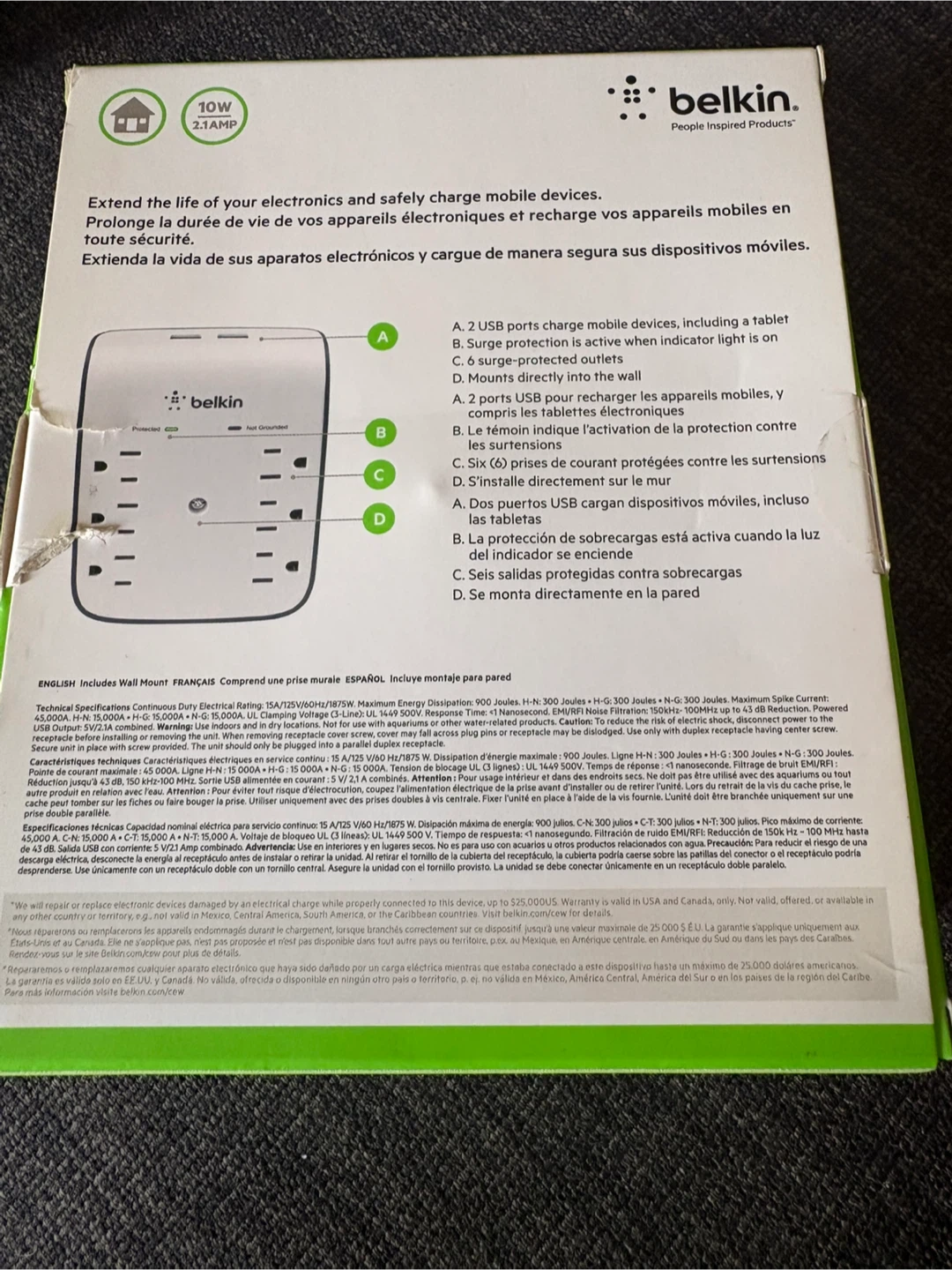 Belkin Surge Plus USB Wall Mount Surge Protector - photo 2
