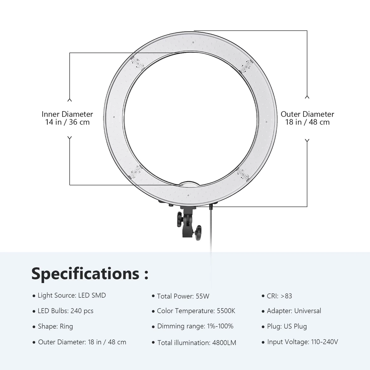 Neewer 18-Inch Ring Light with 240 LEDs Color Filter