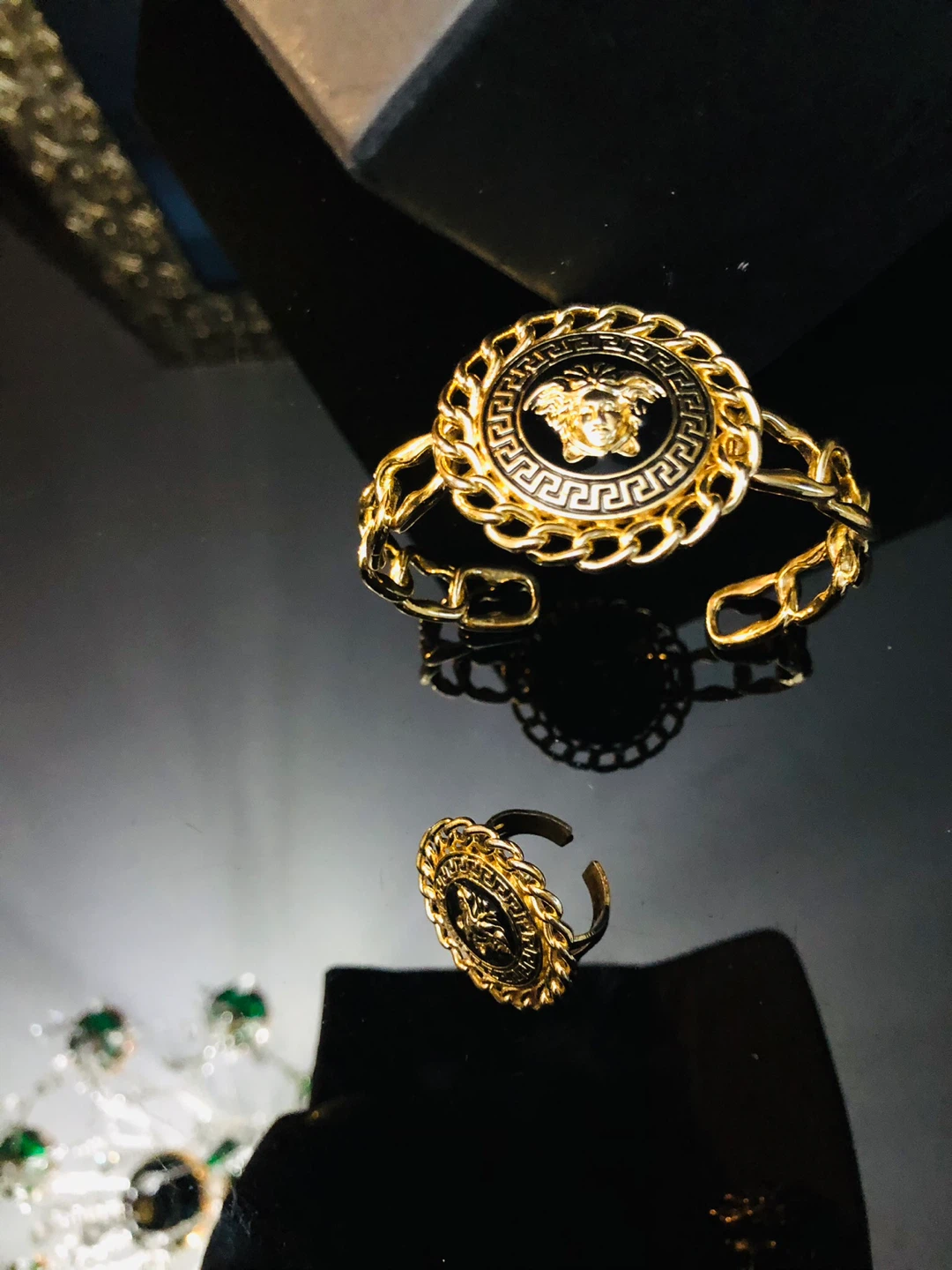 Gold  plated  Medusa head ring and bracelet set Italy