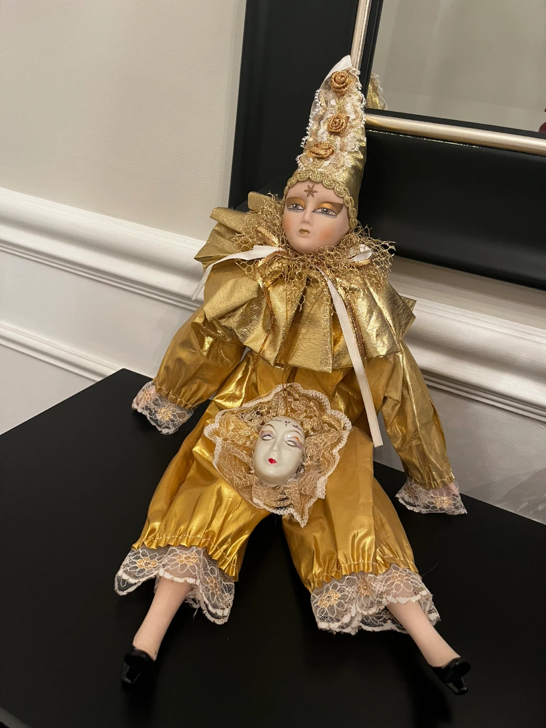 Vintage Porcelain Clown Doll Gold Outfit